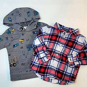 5/$30 GYMBOREE Plaid Fleece Button Down +CARTER'S construction hoodie sweatshirt